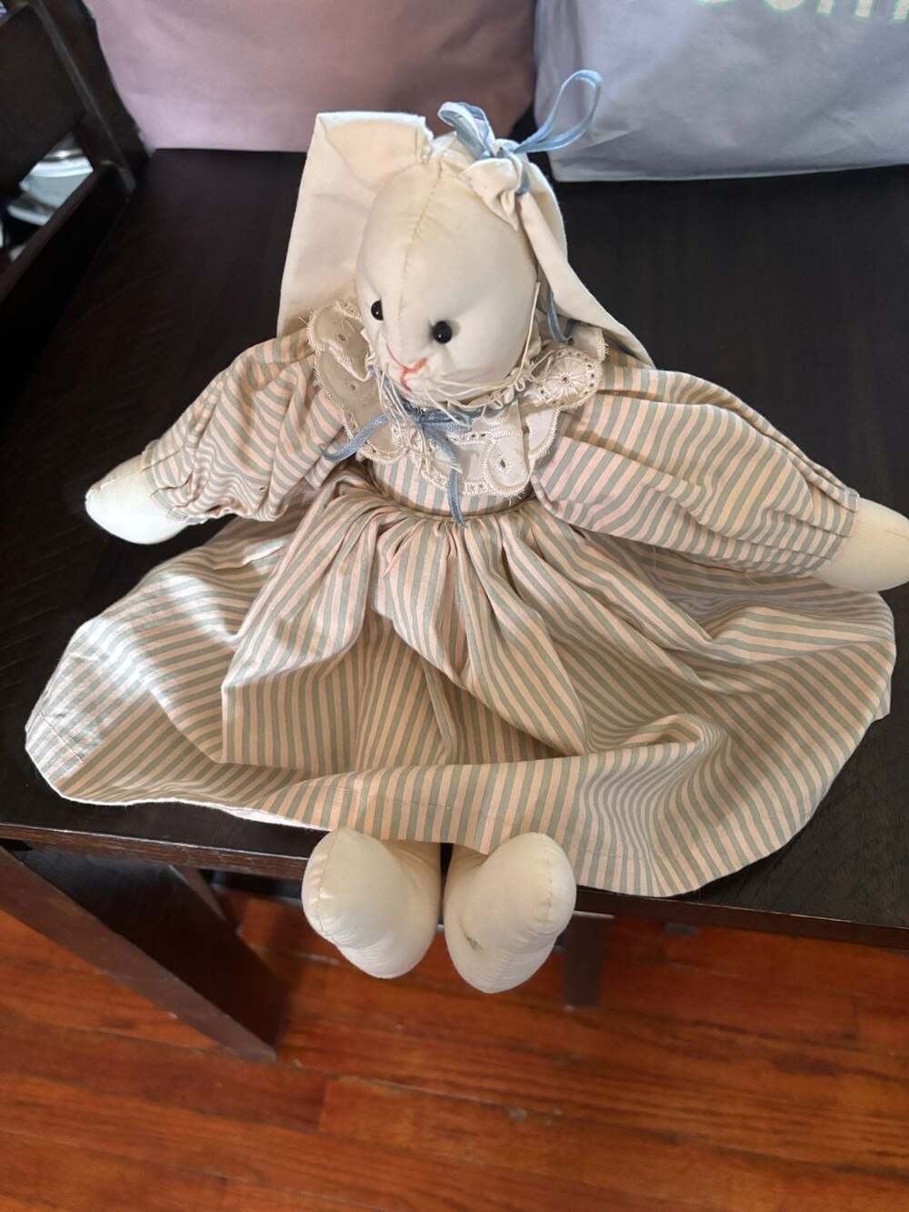 Vintage Handmade Primitive Cloth Bunny Rabbit Doll in Striped Dress